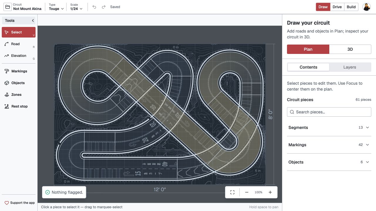 Circuit Builder’s plan editor showing a dimensioned RC circuit, drawing tools, and layer controls